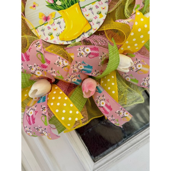 Hello Spring Flowers Butterfly Ribbon Deco Mesh Spring Summer Wreath - Picture 5 of 8